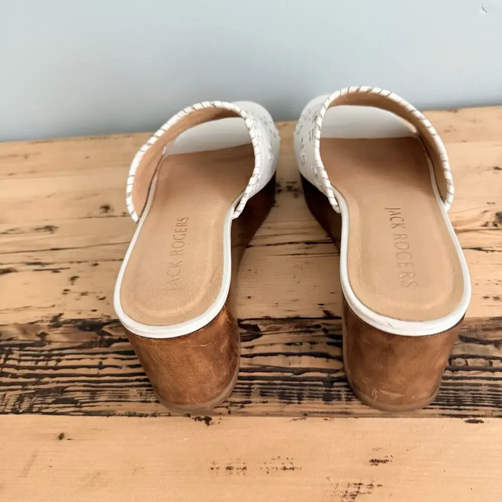 Jack Rogers Wedge Sandals 9 White Leather Wood Heel Brazil Summer Resort
